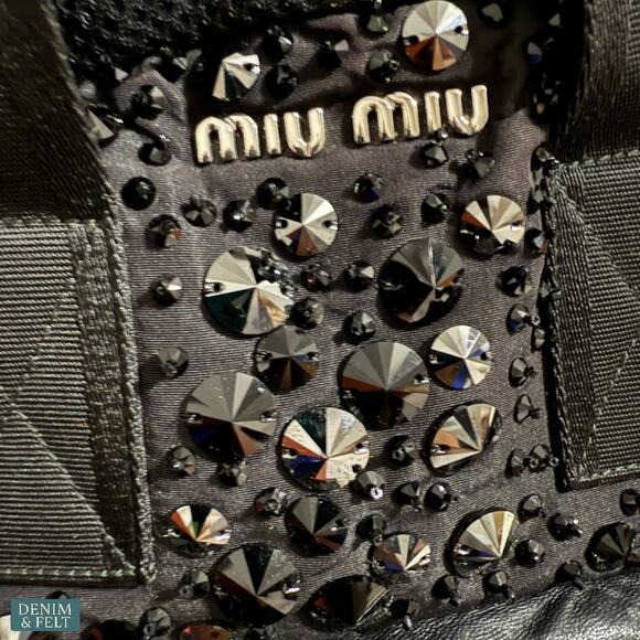 MIU MIU Black Faille Crystal Embellished Beaded Leather Trim Mini Luxe‎ Backpack main image 12